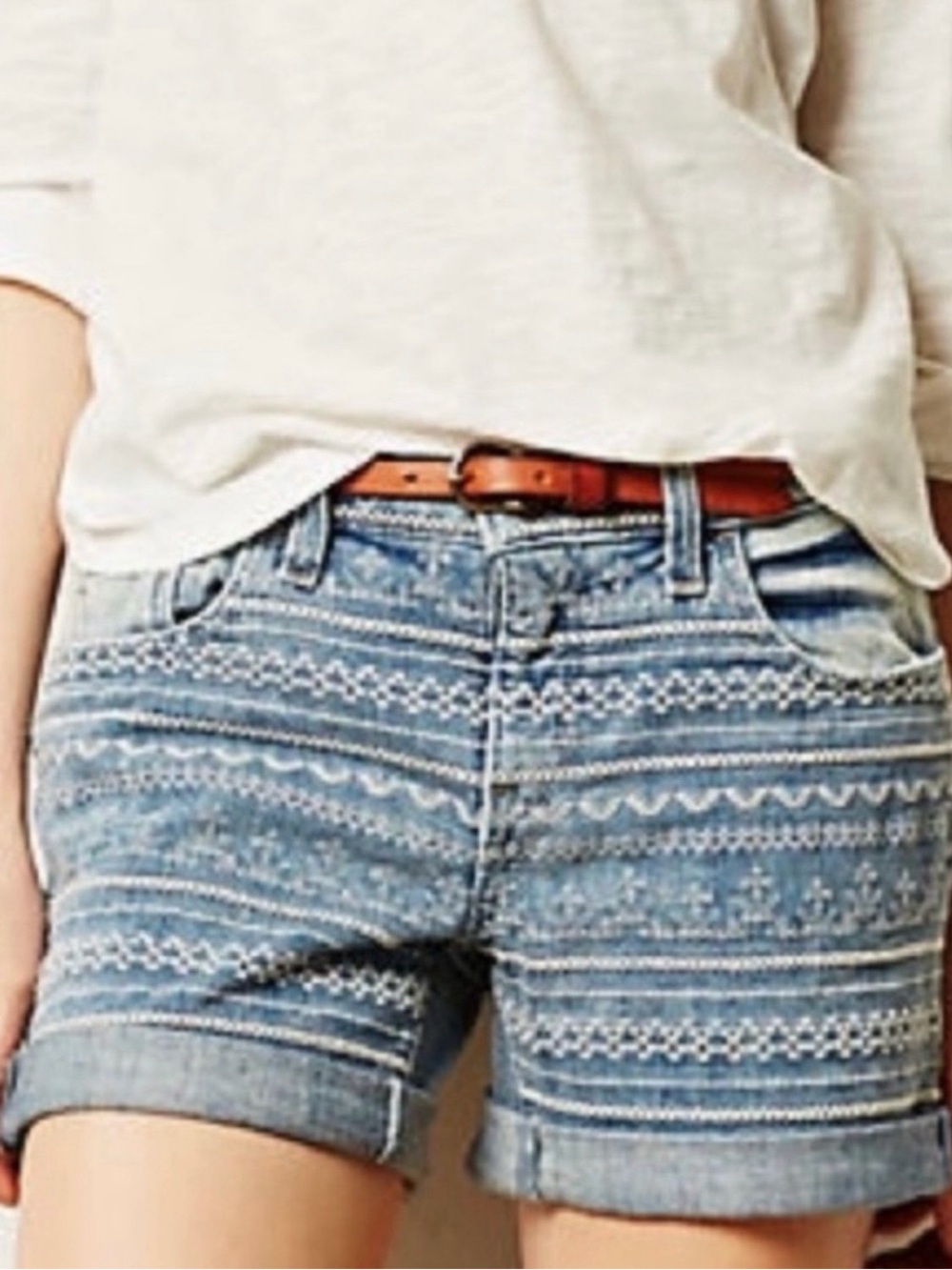 Pilcro Letterpress Anthropologie Embroidered Stretch Denim Blue Shorts Size 28
